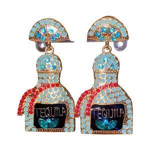 New Blue Rhinestone Tequila Bottle Dangle Earrings Jeweled Drop Gold Reposado‎